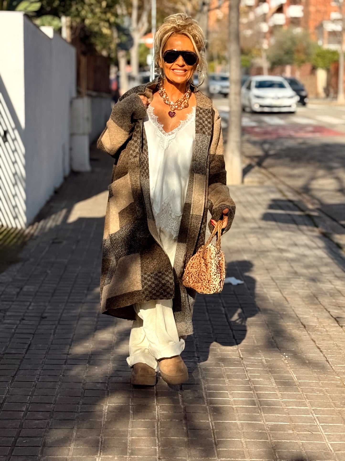 CHAQUETA LARGA CUADROS SHANNA MARRÓN