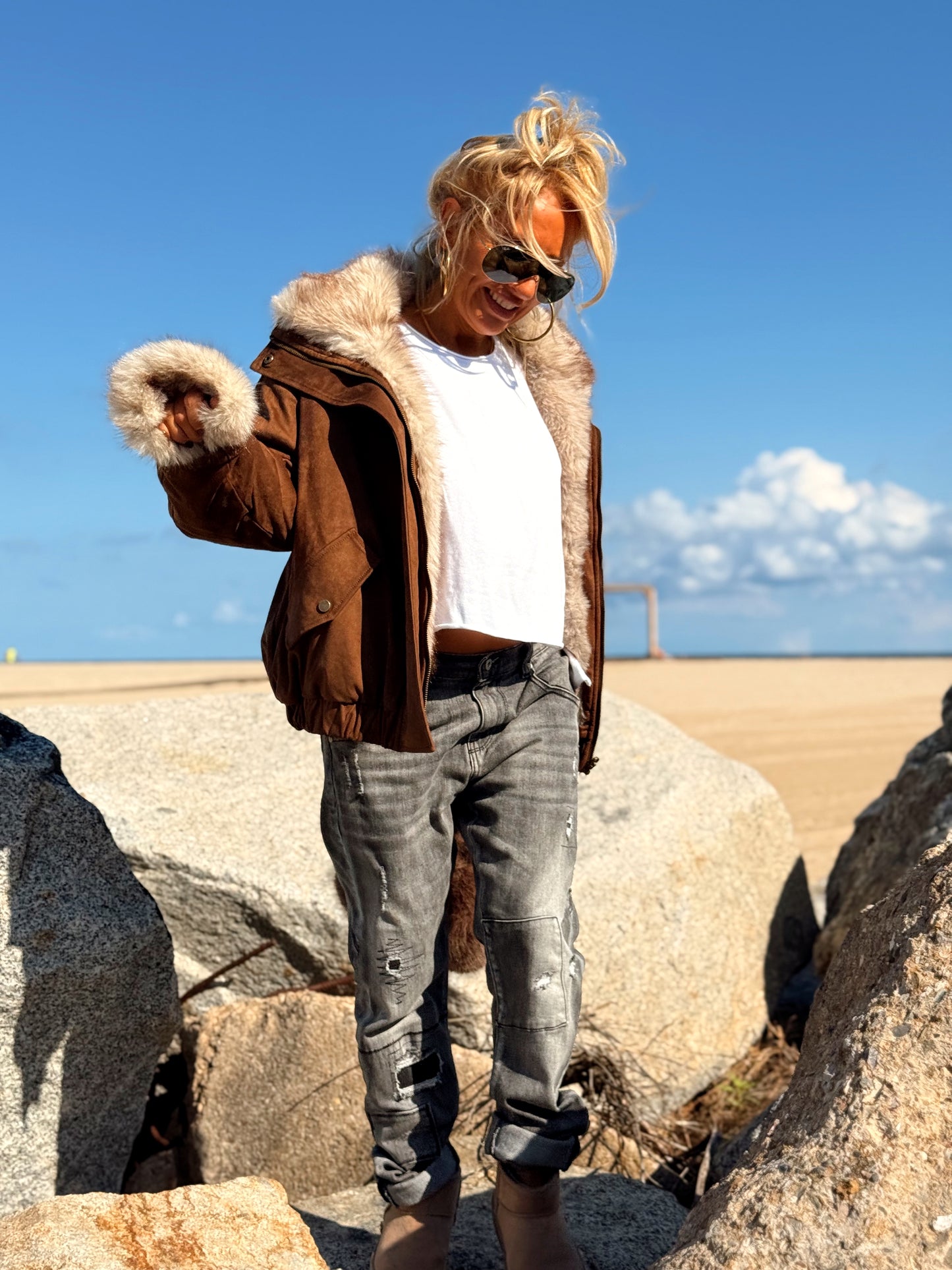 CHAQUETA GAMUZA DE PELO SINTÉTICO REVERSIBLE MARRON