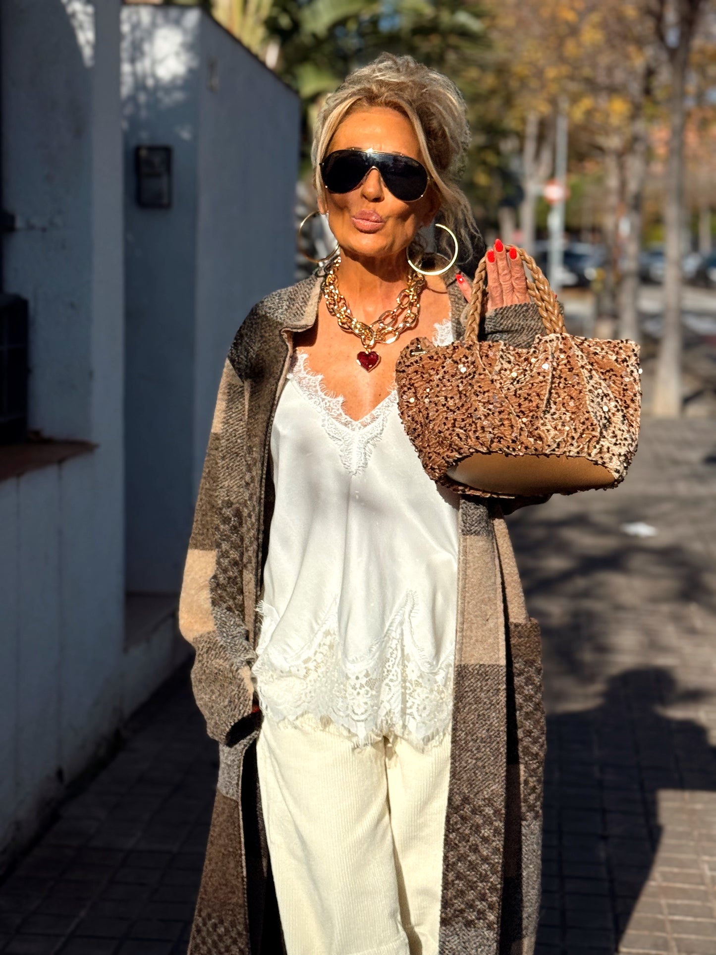 CHAQUETA LARGA CUADROS SHANNA MARRÓN