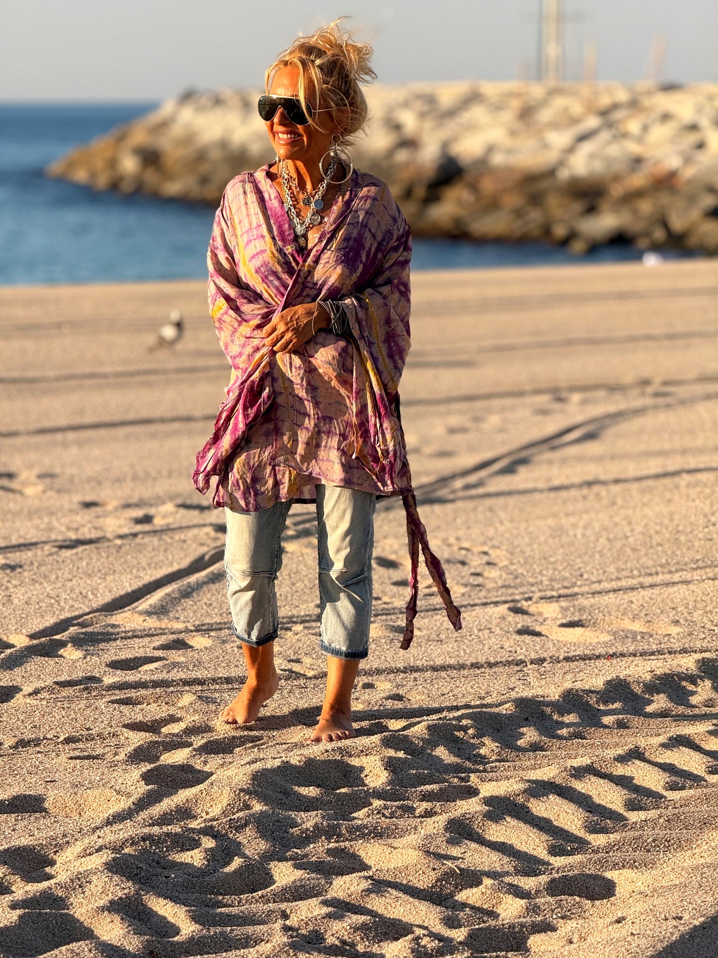 KIMONO CORTO ESTAMPADO MANGA LARGA CREPE DE SEDA MULTICOLOR