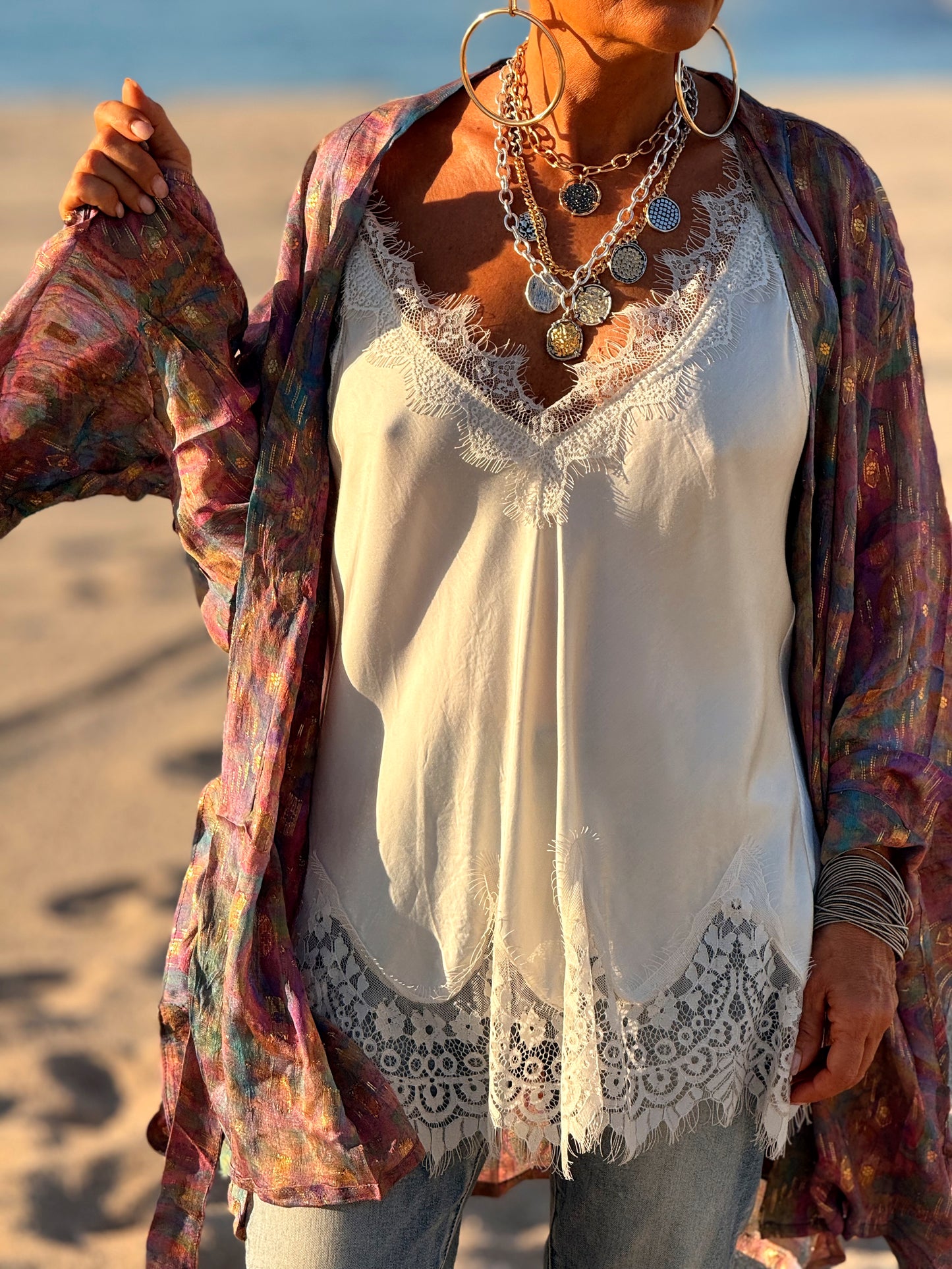 KIMONO CORTO ESTAMPADO MANGA LARGA CREPE DE SEDA MULTICOLOR