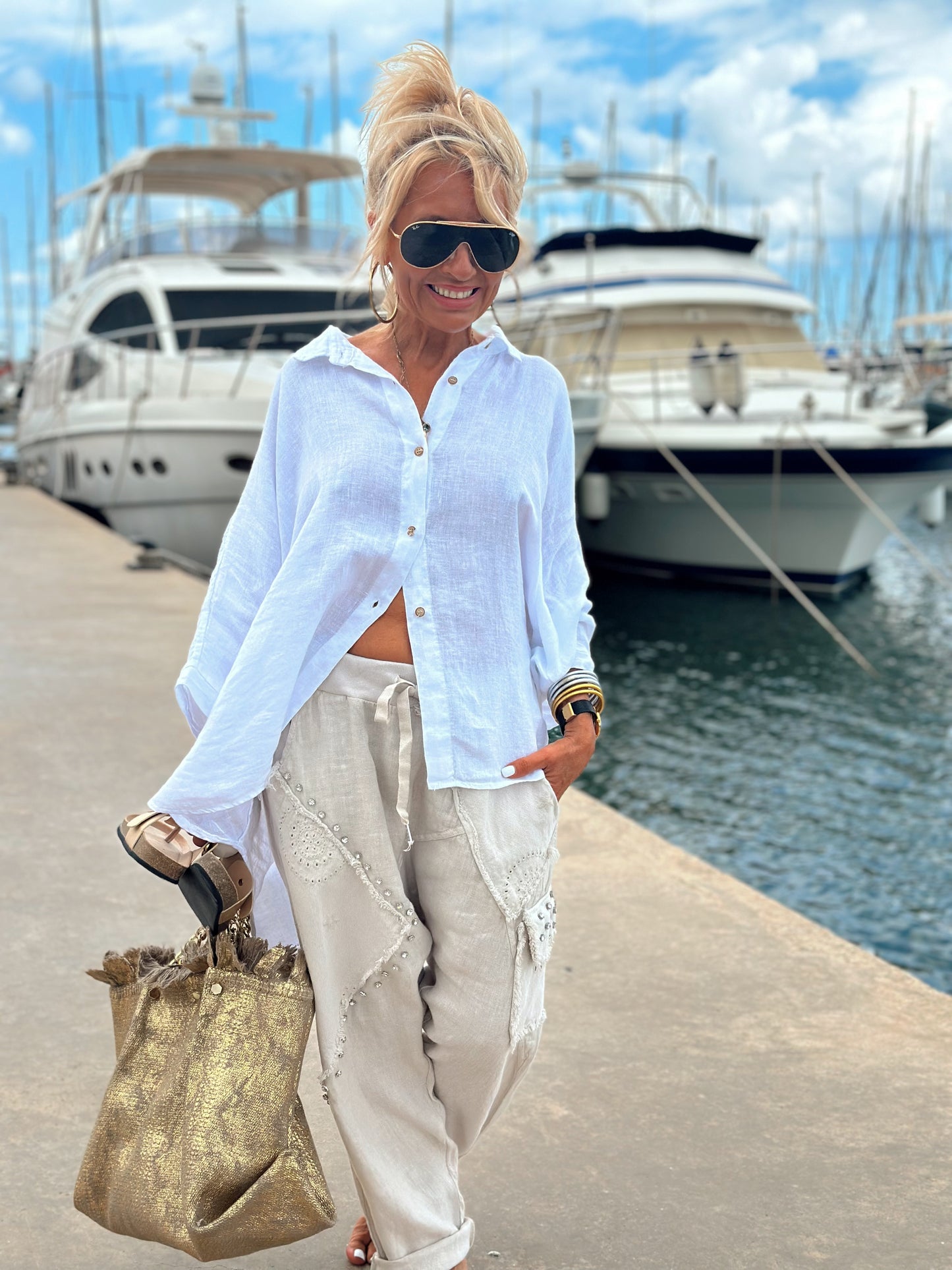 PANTALON LINO BAGGY OVERSIZE ST-TROPEZ CON TACHAS BEIGE