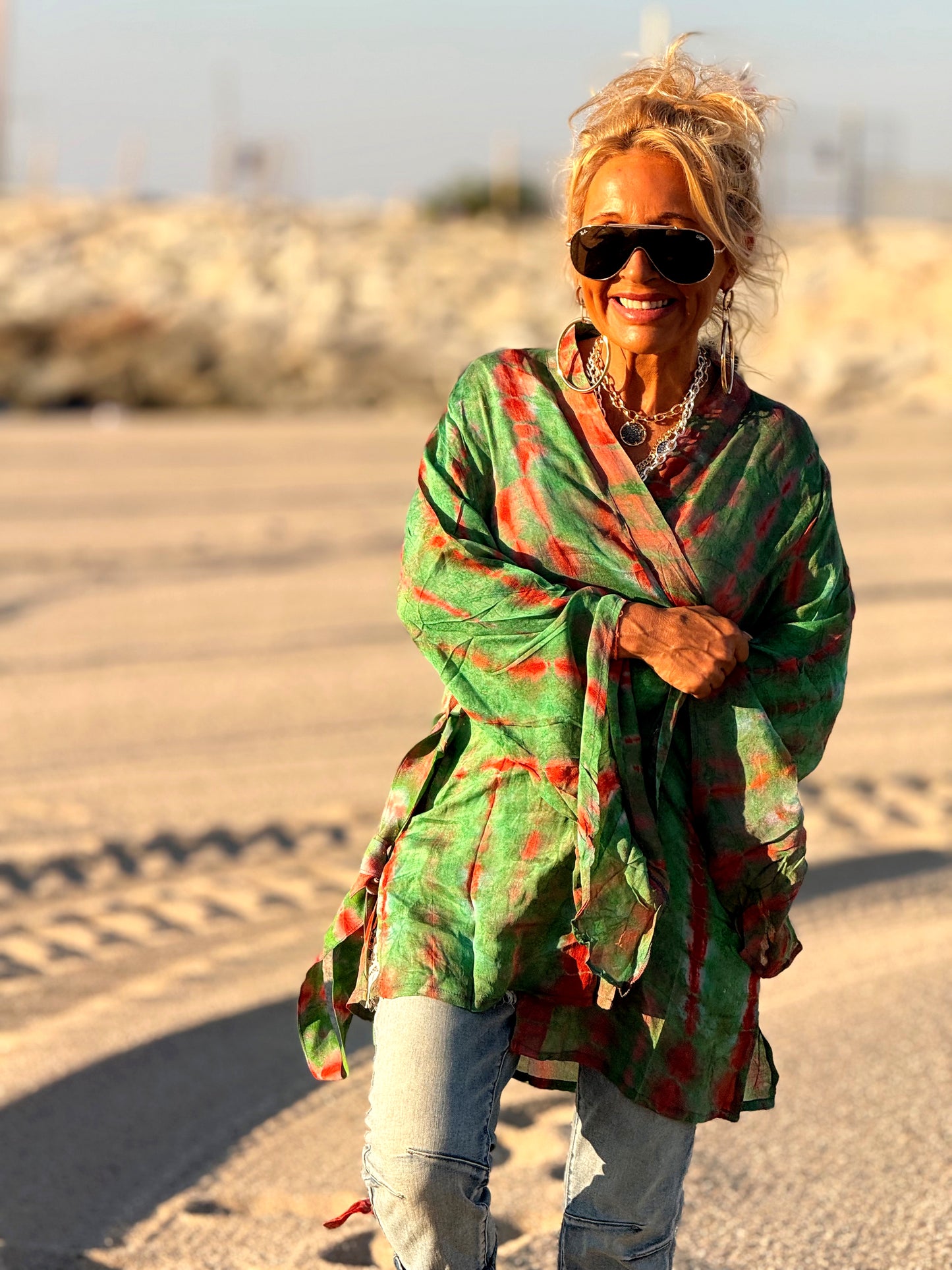 KIMONO CORTO ESTAMPADO MANGA LARGA CREPE DE SEDA MULTICOLOR