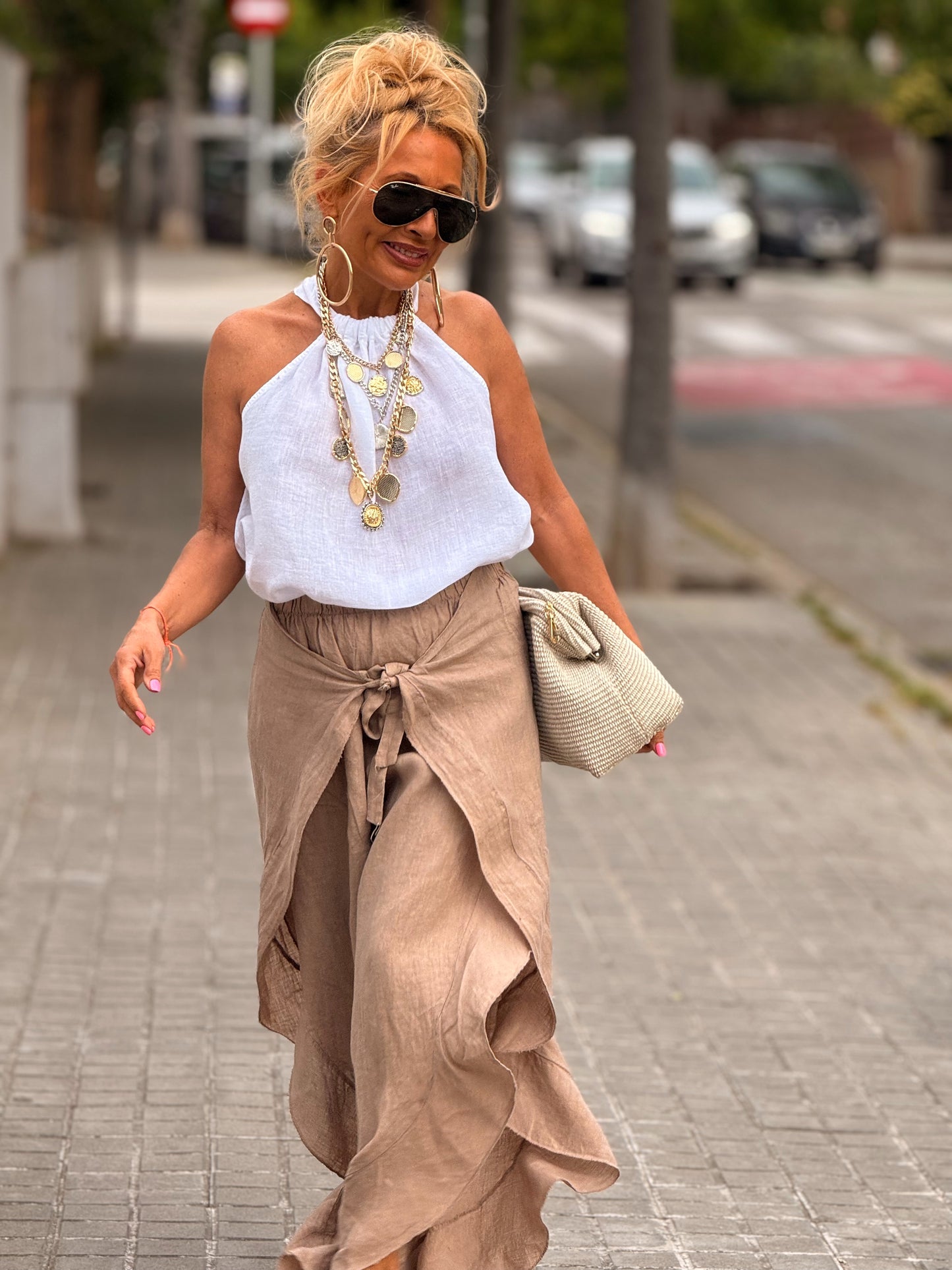 PANTALON CON NUDE LINO CAMEL