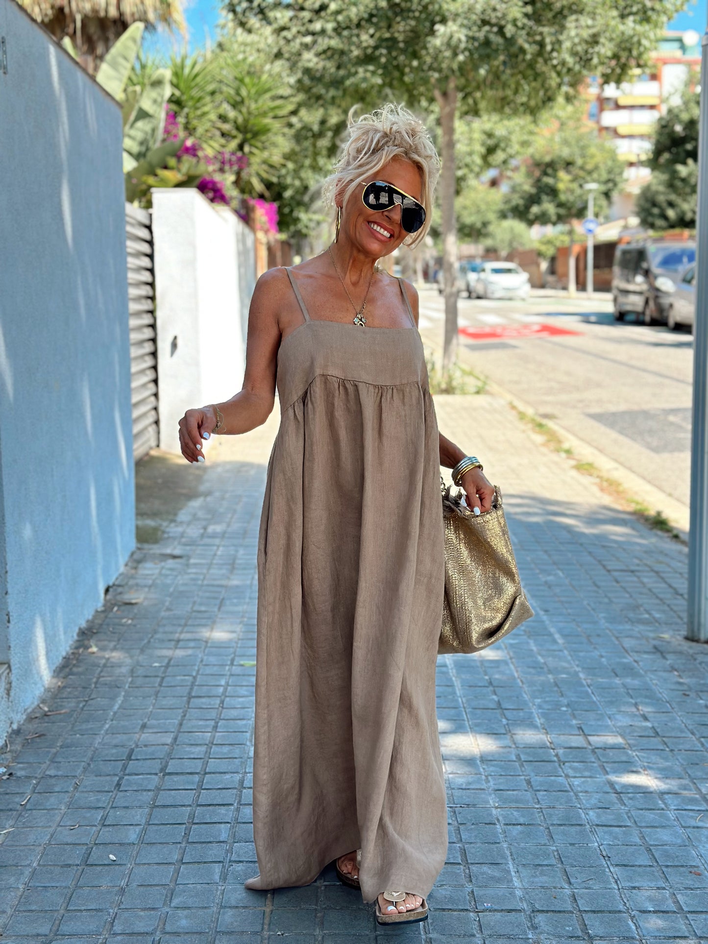 VESTIDO LINO AJUSTABLE CAMEL