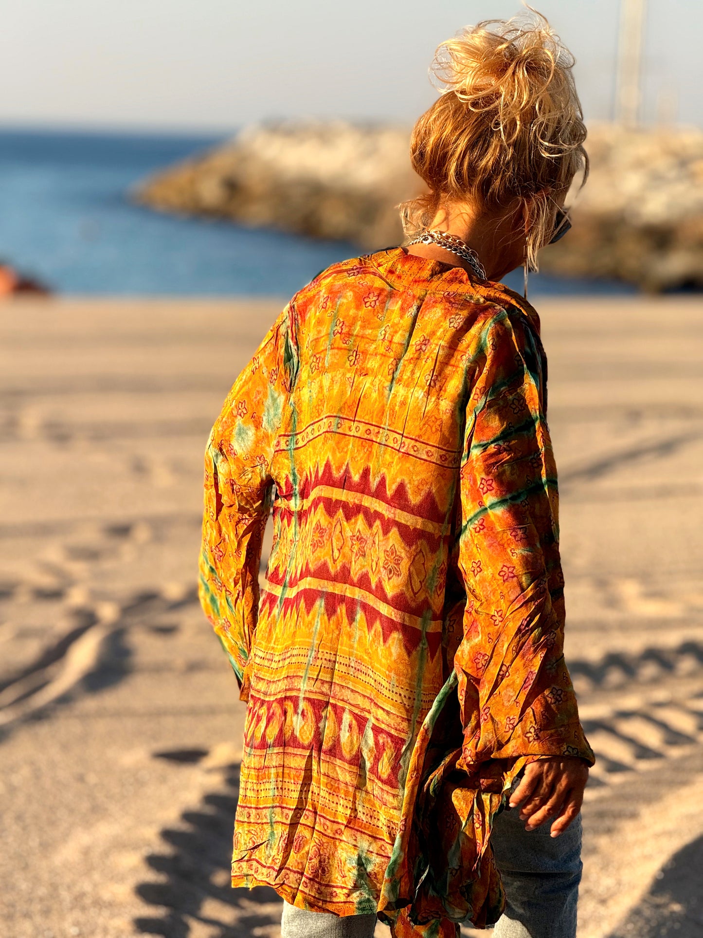 KIMONO CORTO ESTAMPADO MANGA LARGA CREPE DE SEDA MULTICOLOR