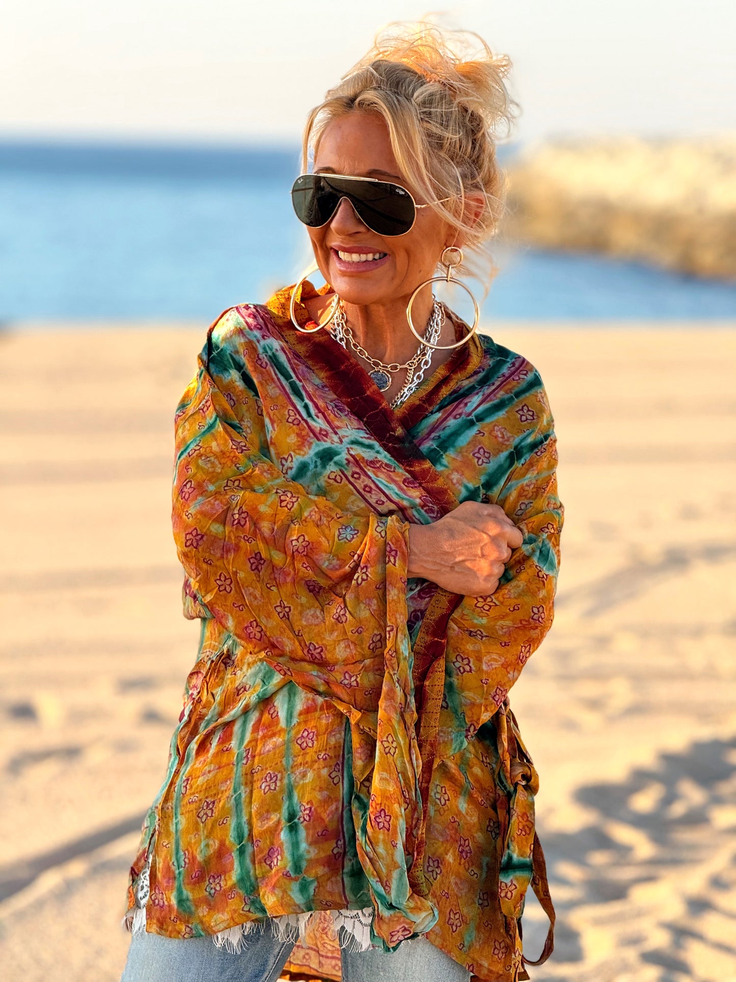 KIMONO CORTO ESTAMPADO MANGA LARGA CREPE DE SEDA MULTICOLOR