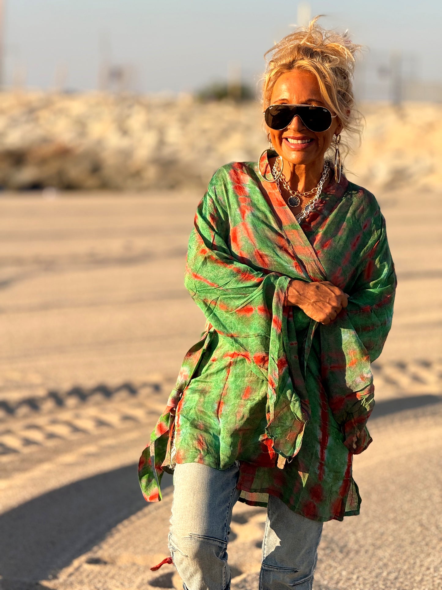 KIMONO CORTO ESTAMPADO MANGA LARGA CREPE DE SEDA MULTICOLOR