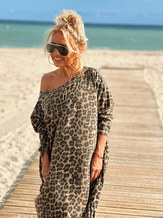 VESTIDO MANGA LARGA OVERSIZE LEOPARDO CAMEL