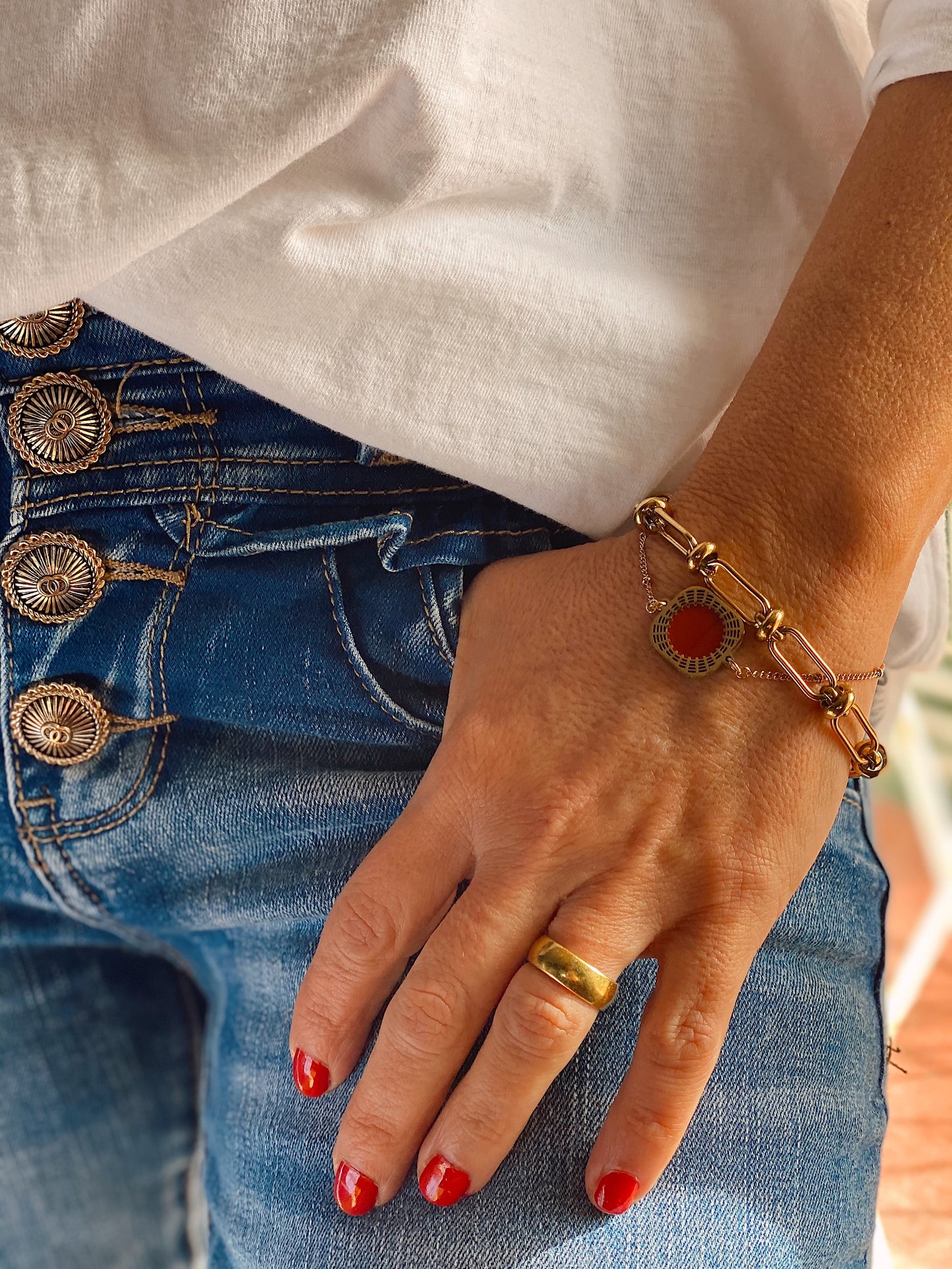 PULSERA PEDRA ROJO DORADA