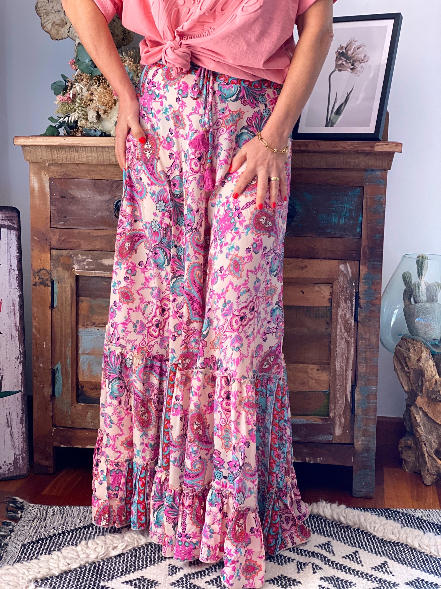 FALDA LARGA ESTAMPADA JANE ROSA-AZUL