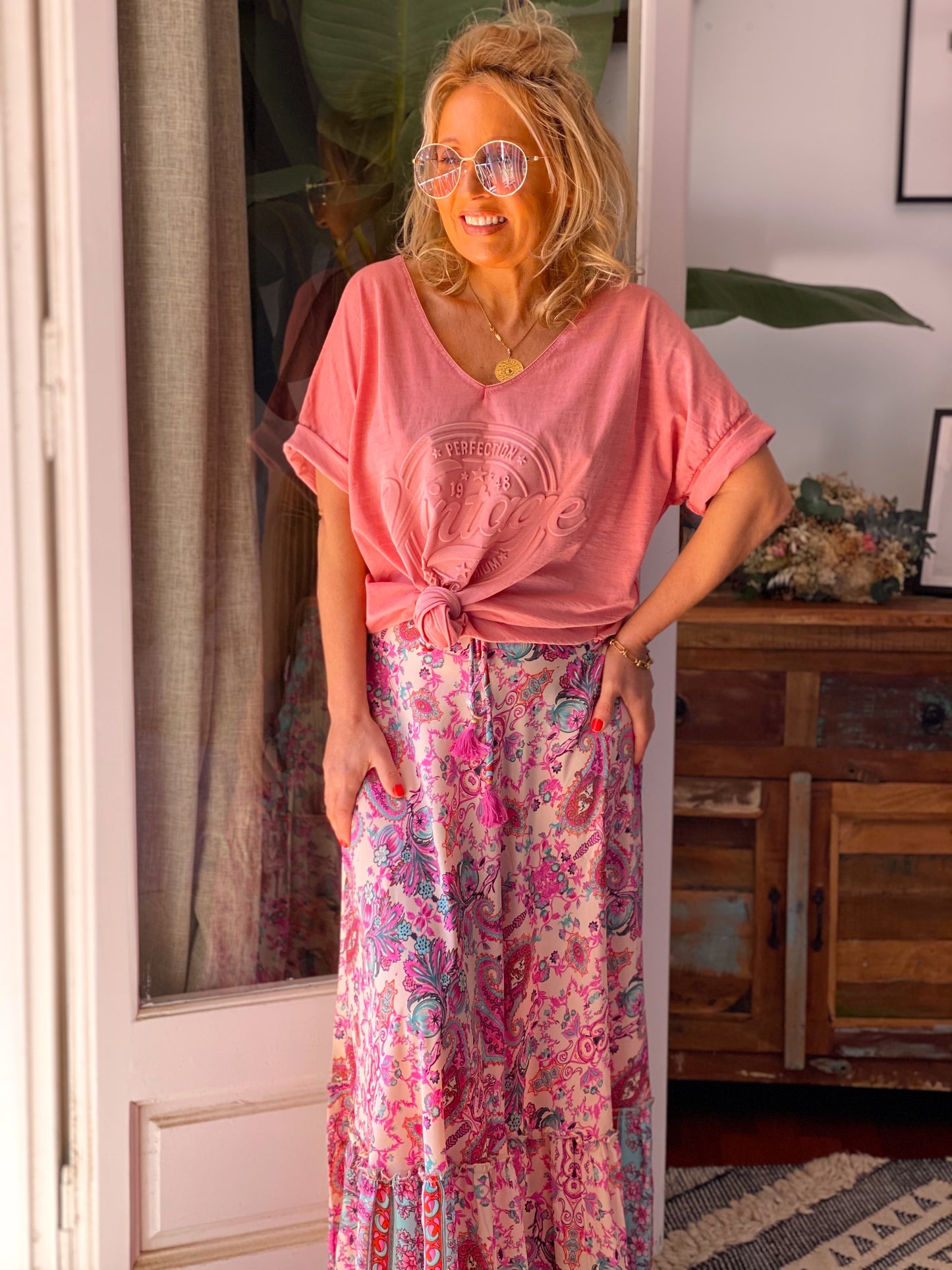 FALDA LARGA ESTAMPADA JANE ROSA-AZUL