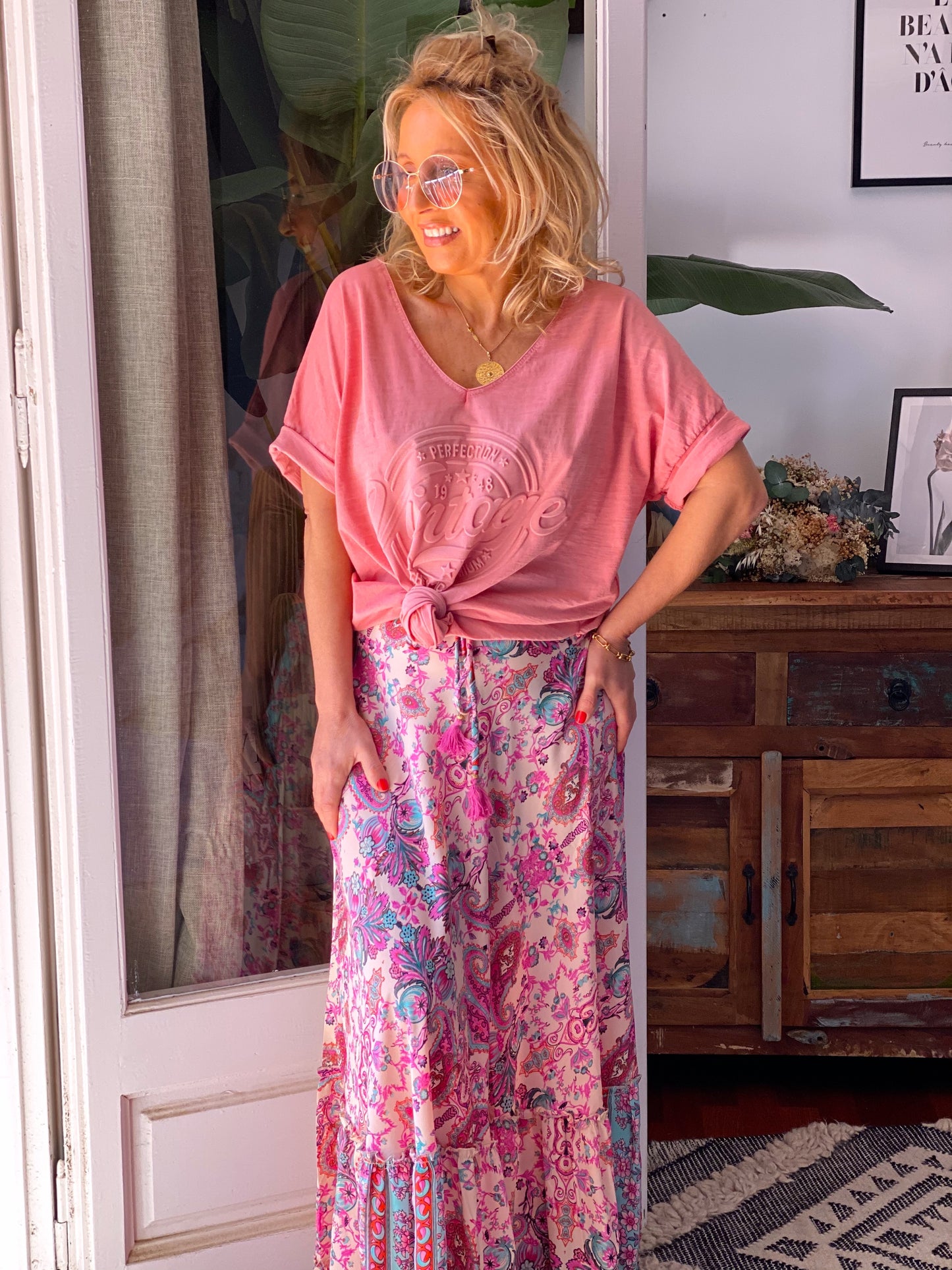 FALDA LARGA ESTAMPADA JANE ROSA-AZUL